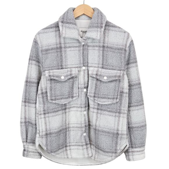 Abercrombie & Fitch Plaid Snap Button Sherpa Jacket Grey White Size XS - Picture 1 of 8